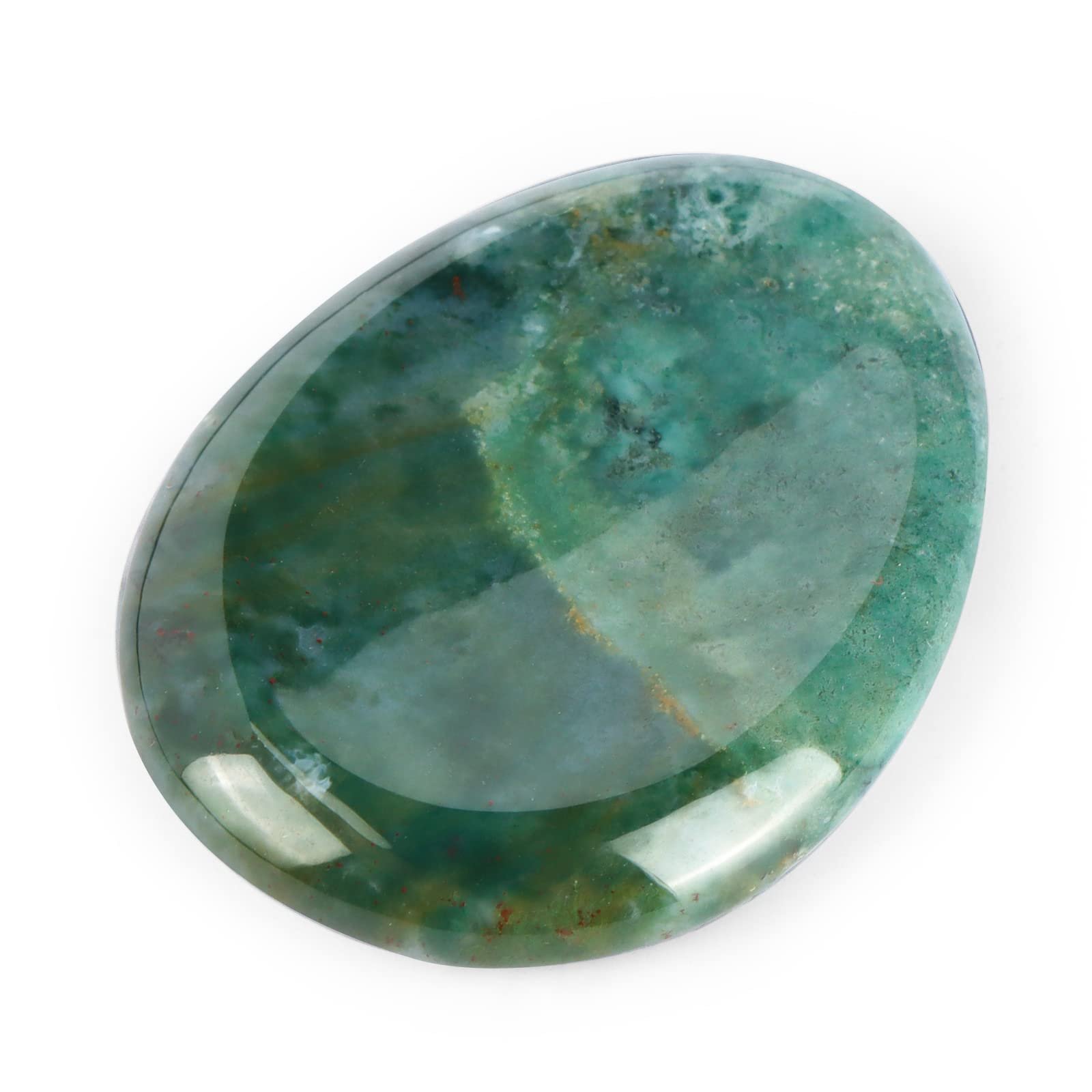 Polished oval gemstone with green and brown marbling on white background