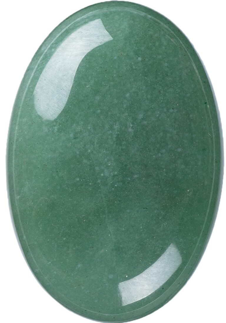 Oval-shaped, polished green aventurine gemstone with reflective highlights on white background