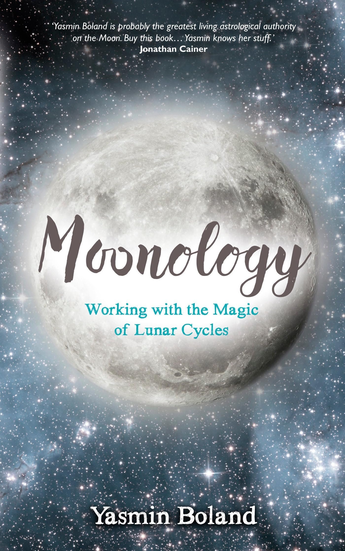 Book cover with a full moon, title "Moonology", and starry background